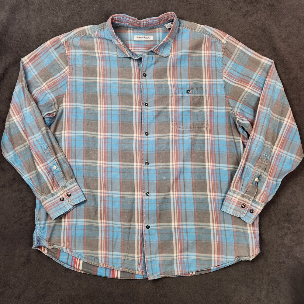 Tommy Bahama Fresno Plaid Shirt Mens XXL Fog Grey Woven Long Sleeve‎ Button Up